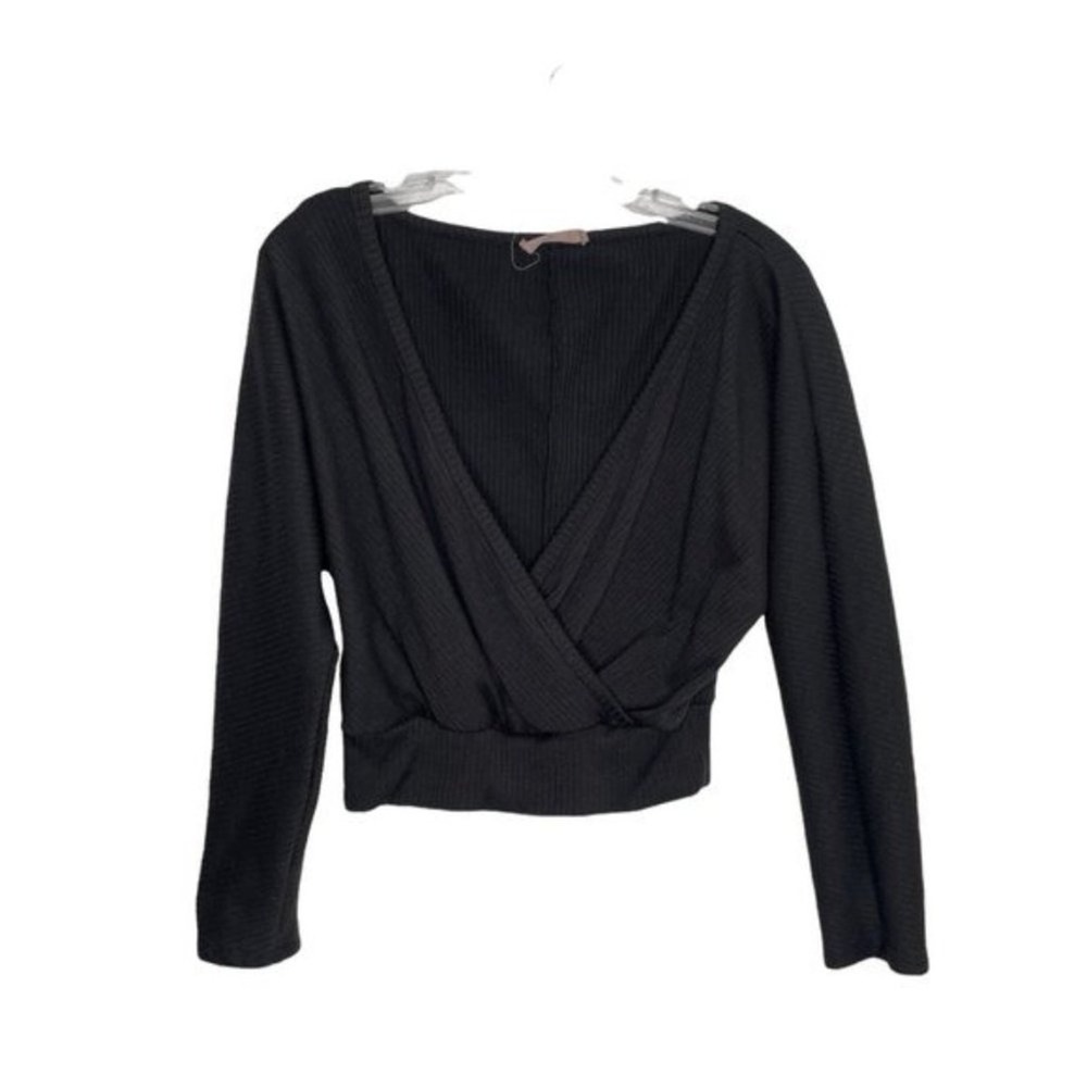 Mezzanine USA Black Ribbed Surplice V-Neck Long Sleeve Crop Top Wrap Front Shirt